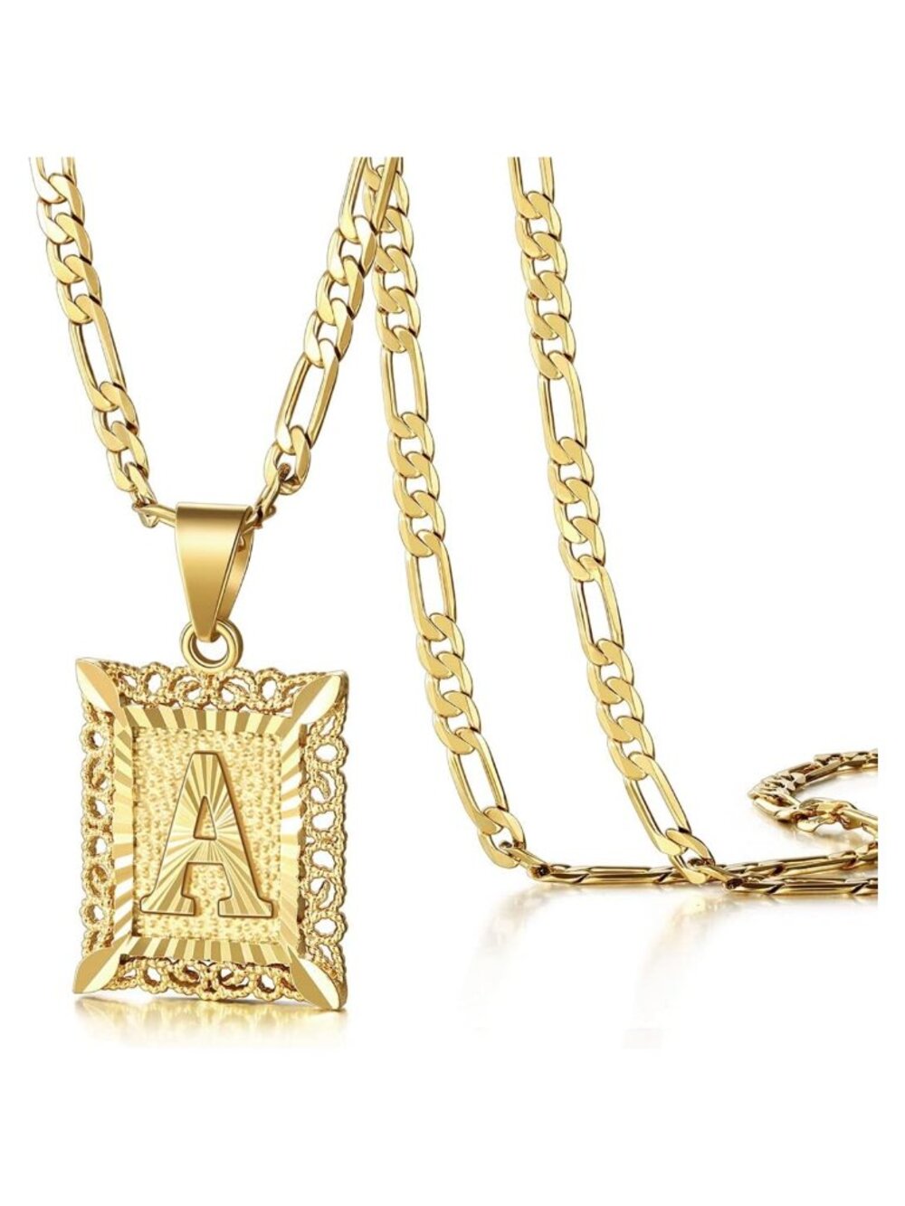 Initial Necklace Gold Plated Copper Stainless Steel Figaro Chain Detachable